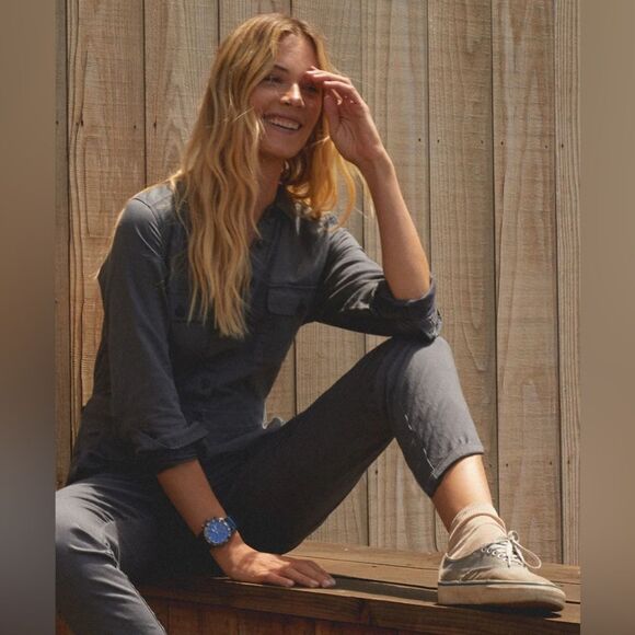 NWT OUTERKNOWN Navy Linen Organic Cotton Blend S.E.A. Long Sleeve Jumpsuit Suit - Picture 4 of 16